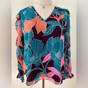 Trina Turk | Floral Owl Print Top  | Ruffle Sheer Sleeves | V Neck | Women’s L